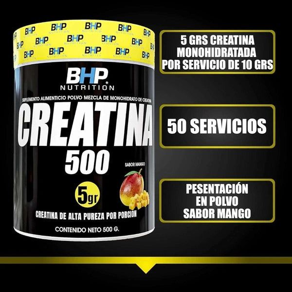 Bote de creatina monohidratada en polvo sabor mango, 500g, suplemento deportivo.