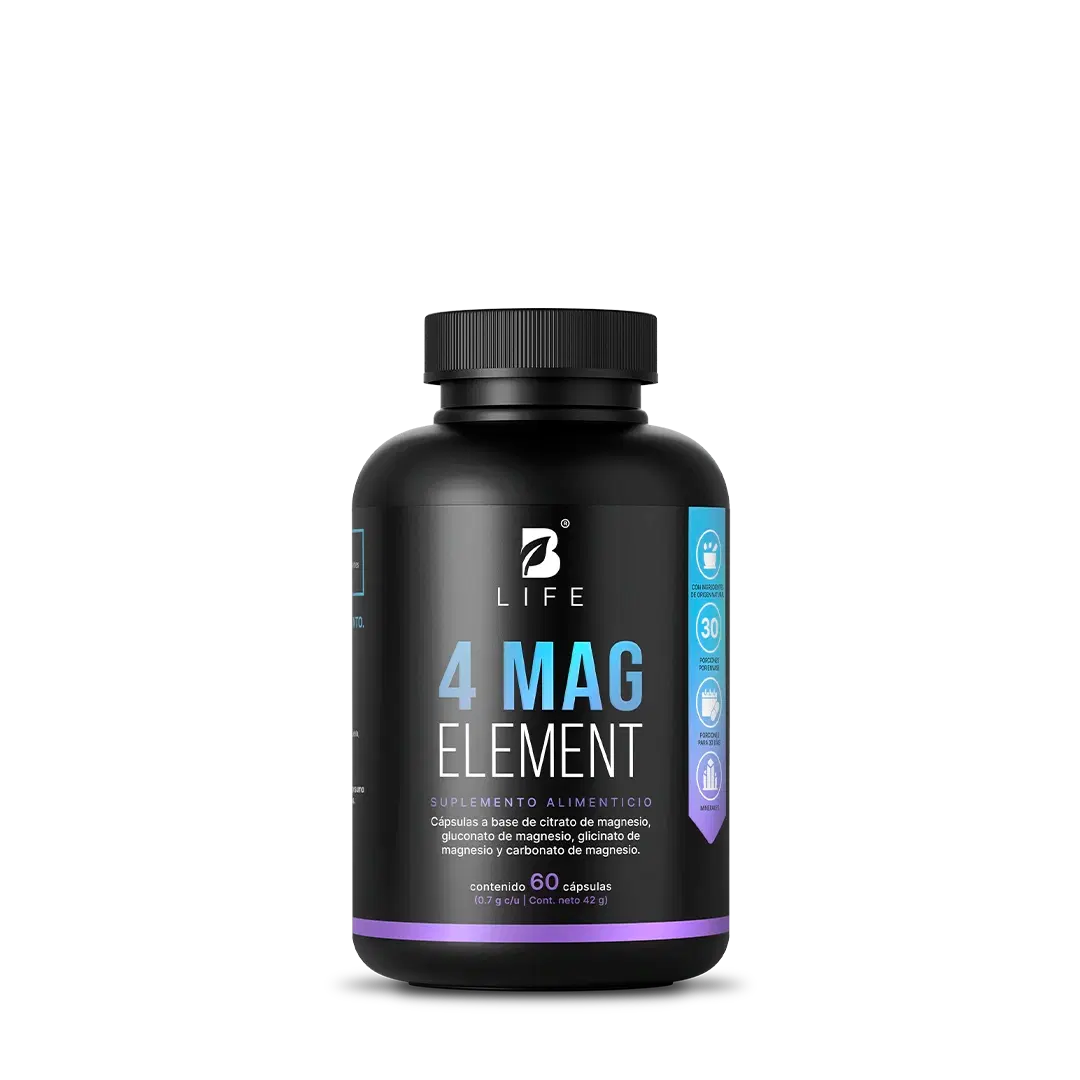 4 Mag Element B Life® – Fórmula Pura de 4 Magnesios: Citrato, Glicinato, Gluconato y Carbon (60 Cápsulas)