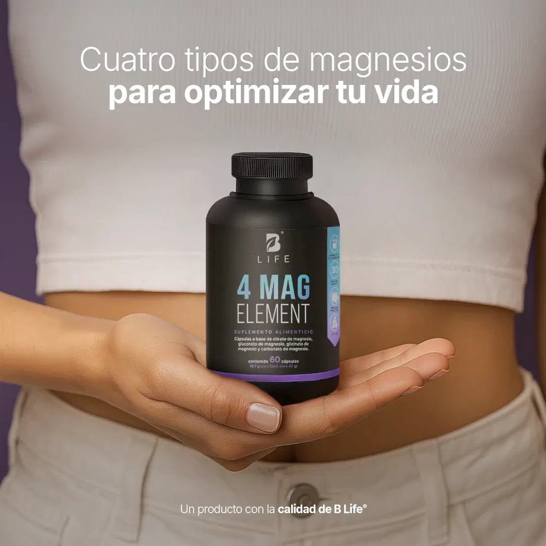 4 Mag Element B Life® – Fórmula Pura de 4 Magnesios: Citrato, Glicinato, Gluconato y Carbon (60 Cápsulas)