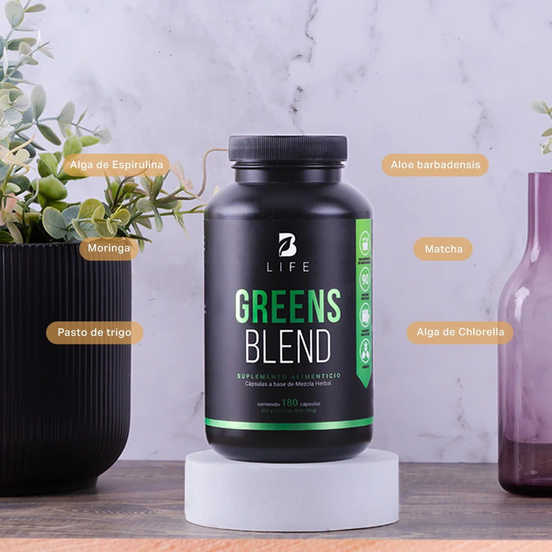Greens Blend B Life – Superalimentos Verdes con Espirulina, Moringa, Chlorella y Matcha (180 Cápsulas)