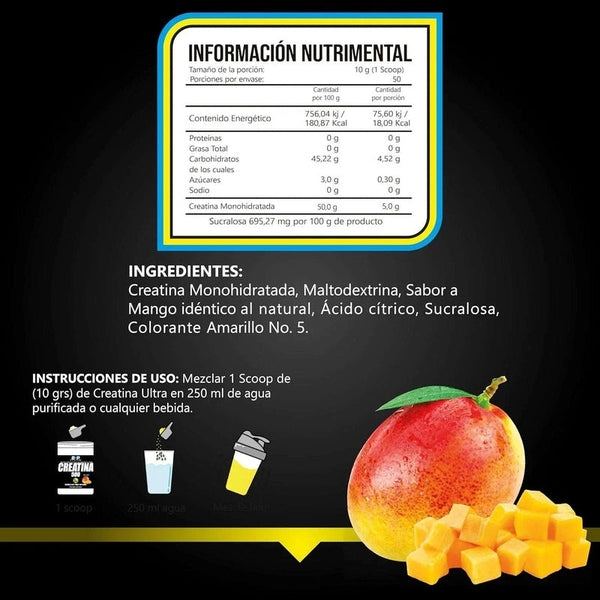 Creatina monohidratada sabor mango, tabla nutricional, ingredientes e instrucciones de uso