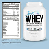 Proteína whey natural sin sabor en bote de 1 kg, información nutricional y aminoácidos visible.