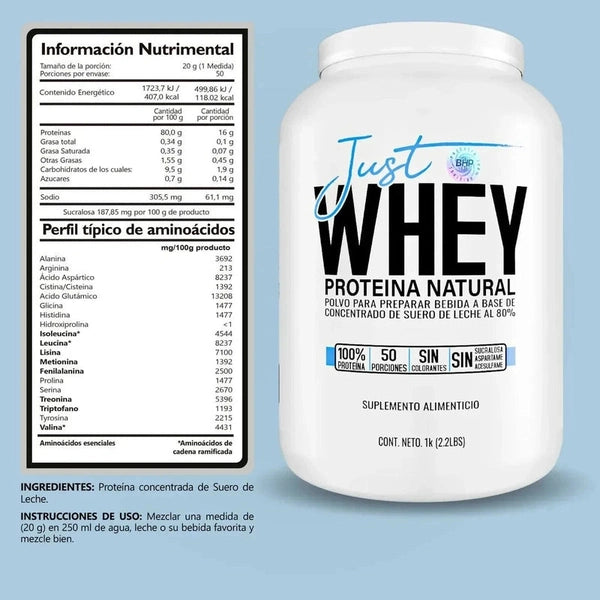 Proteína whey natural sin sabor en bote de 1 kg, información nutricional y aminoácidos visible.