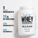 Bote de proteína whey natural de 1 kg sin saborizantes ni colorantes, 16g de proteína por porción.