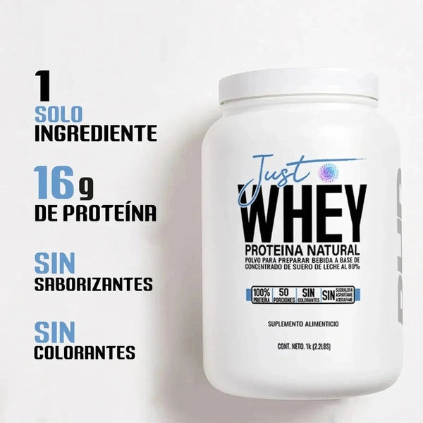 Bote de proteína whey natural de 1 kg sin saborizantes ni colorantes, 16g de proteína por porción.