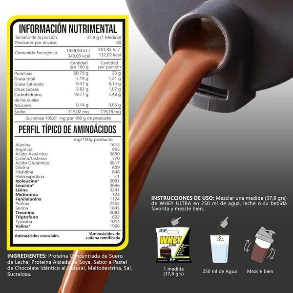 Suplemento de proteína en polvo sabor chocolate, tabla nutricional y modo de preparación.