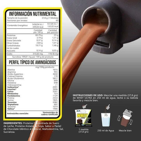Suplemento de proteína en polvo sabor chocolate, tabla nutricional y modo de preparación.