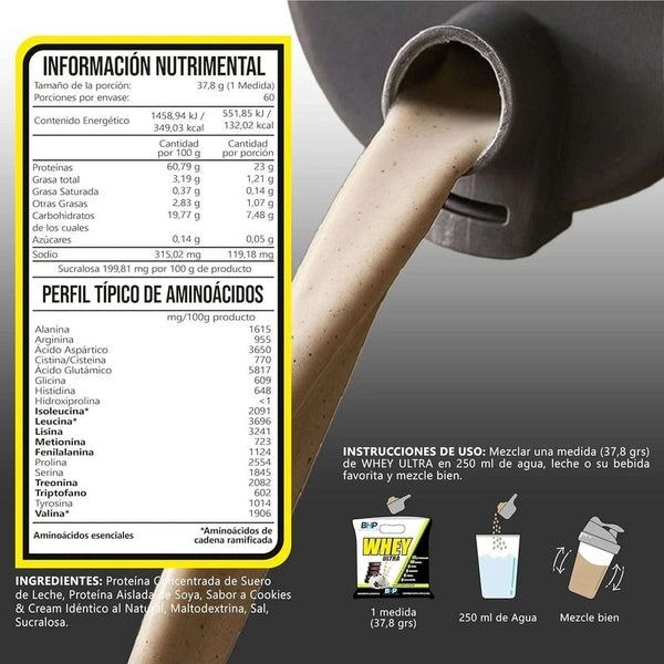 Proteína en polvo sabor cookies and cream siendo vertida, tabla nutricional y modo de uso