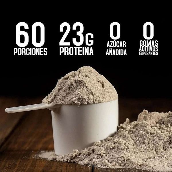 Proteína en polvo sabor cookies, porción en vaso medidor, 23g proteína, sin azúcar añadida