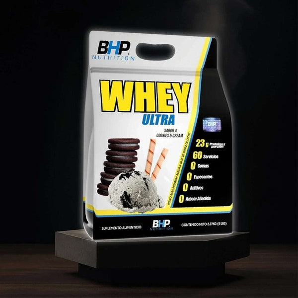 Bolsa de proteína whey ultra sabor cookies & cream, 2.27 kg, fondo oscuro
