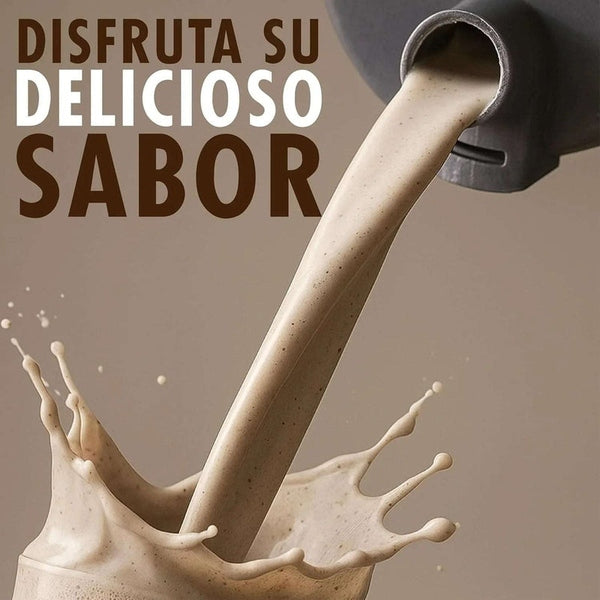 Bebida proteica sabor cookies vertiéndose en vaso, texto disfrute su delicioso sabor