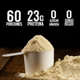 Proteína en polvo sabor vainilla en cuchara medidora, 23g proteína, sin azúcar ni aditivos.