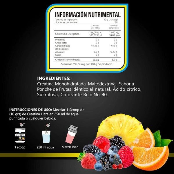 Creatina Monohidratada BHP Ultra 500 g (50 porciones) Sabor Ponche | Suplementos Nutrihub BHP Nutrition