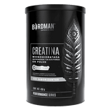 Bote de creatina monohidratada en polvo sin sabor, 450g, con diseño negro y pluma