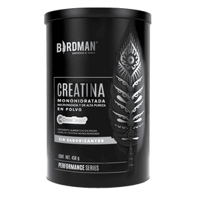 Bote de creatina monohidratada en polvo sin sabor, 450g, con diseño negro y pluma