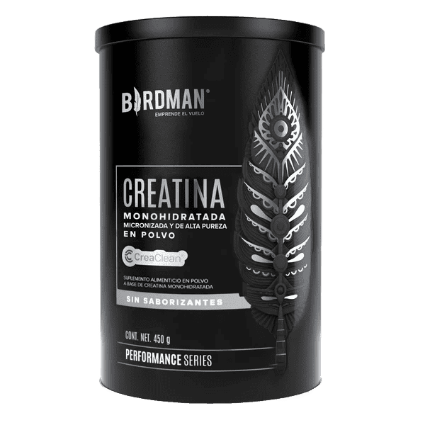 Bote de creatina monohidratada en polvo sin sabor, 450g, con diseño negro y pluma