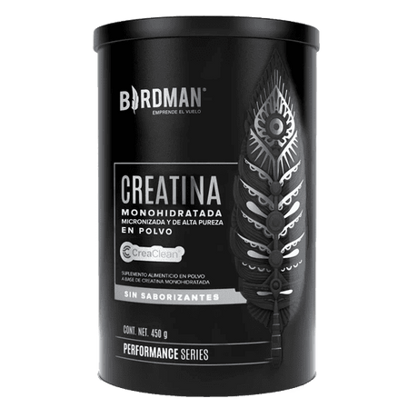 Bote de creatina monohidratada en polvo sin sabor, 450g, con diseño negro y pluma