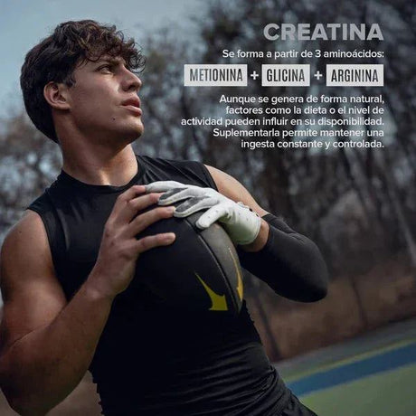 Hombre deportista con balón americano, texto informativo sobre creatina y aminoácidos