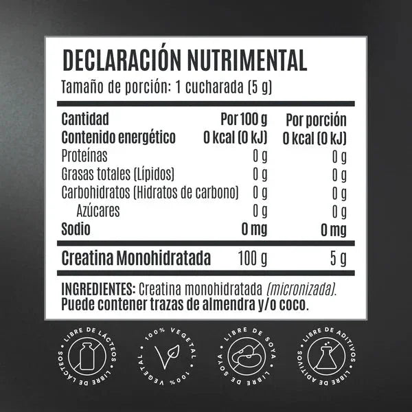 Declaración nutrimental de creatina monohidratada micronizada, sin azúcares ni grasas, 100% vegetal.