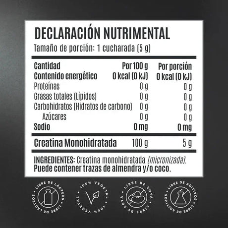 Declaración nutrimental de creatina monohidratada micronizada, sin azúcares ni grasas, 100% vegetal.