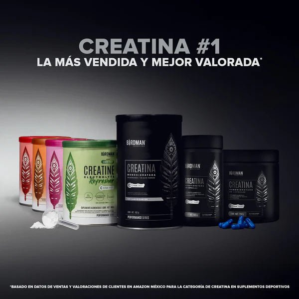 Envase de creatina monohidratada Birdman de 450 g, suplemento deportivo en polvo, fondo oscuro.