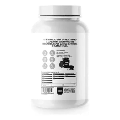 Envase de proteína en polvo zero carb sabor galletas con crema, información nutricional y diseño de galletas.