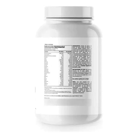 Tarro de proteína en polvo sabor galletas con crema, etiqueta con información nutricional visible