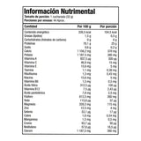 Tabla de información nutrimental de suplemento en polvo sabor galletas con crema, valores por 100g y por porción.