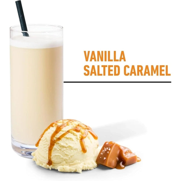 Vaso de batido de proteína sabor vainilla caramelo salado, helado y caramelo al frente.