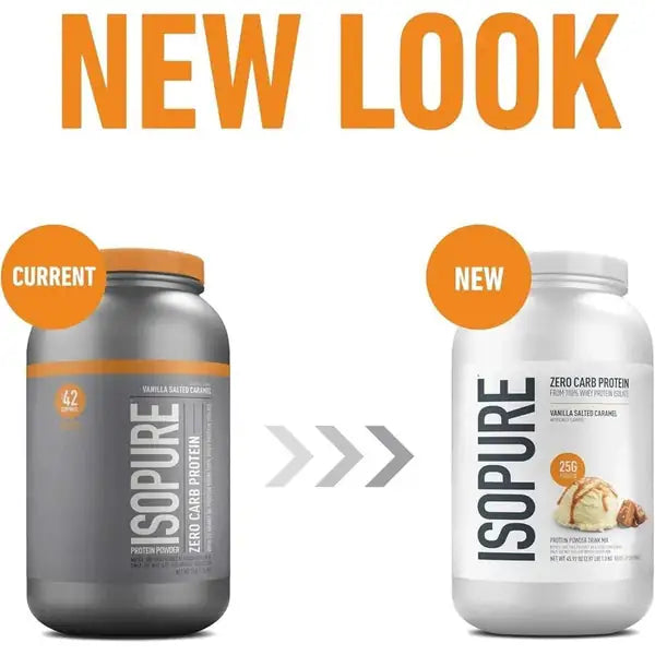 Comparación de envase antiguo y nuevo de proteína en polvo Isopure vainilla salted caramel.