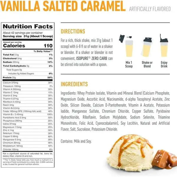 Tabla nutricional y modo de preparación de proteína en polvo sabor vainilla caramelo, con batido en vaso y bola de helado como imagen decorativa.