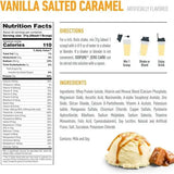 Tabla nutricional y modo de preparación de proteína en polvo sabor vainilla caramelo, con batido en vaso y bola de helado como imagen decorativa.