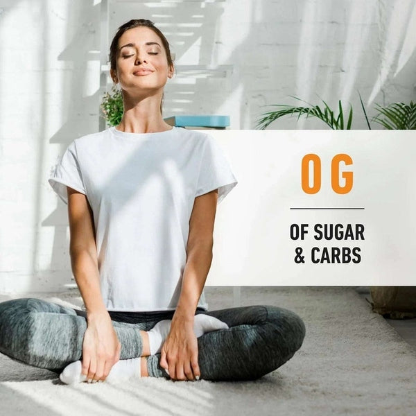 Mujer sentada en posición de meditación, con texto que resalta cero azúcar y carbohidratos