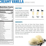Etiqueta de proteína en polvo sabor vainilla, información nutricional y porción visible