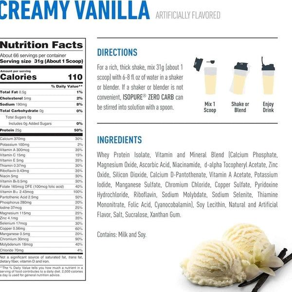 Etiqueta de proteína en polvo sabor vainilla, información nutricional y porción visible