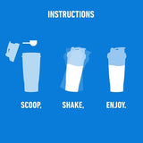 Instrucciones para preparar proteína en polvo: añadir, agitar y disfrutar en un shaker.