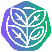 Ícono de hojas blancas sobre fondo degradado verde y morado, símbolo de bienestar y suplementos.