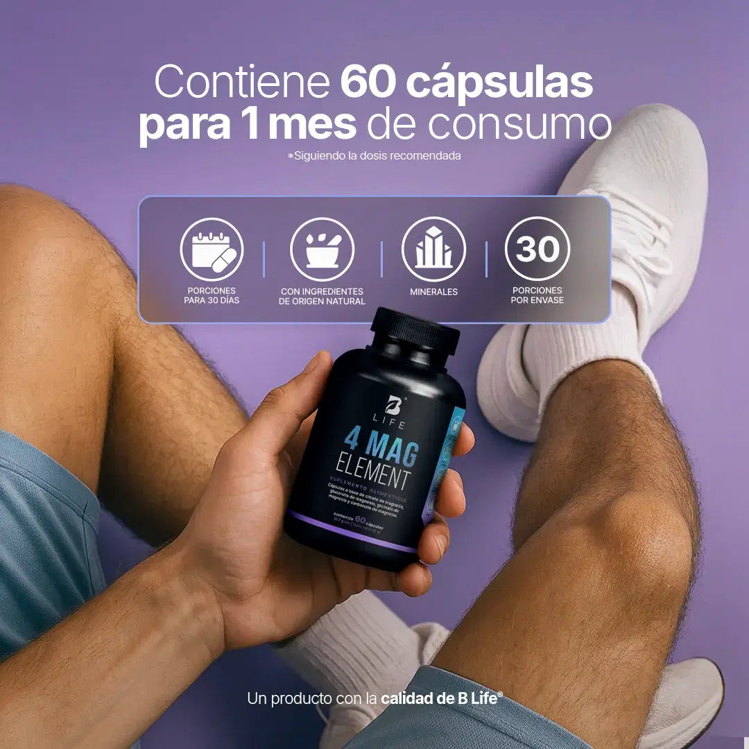 4 Mag Element B Life® – Fórmula Pura de 4 Magnesios: Citrato, Glicinato, Gluconato y Carbon (60 Cápsulas)