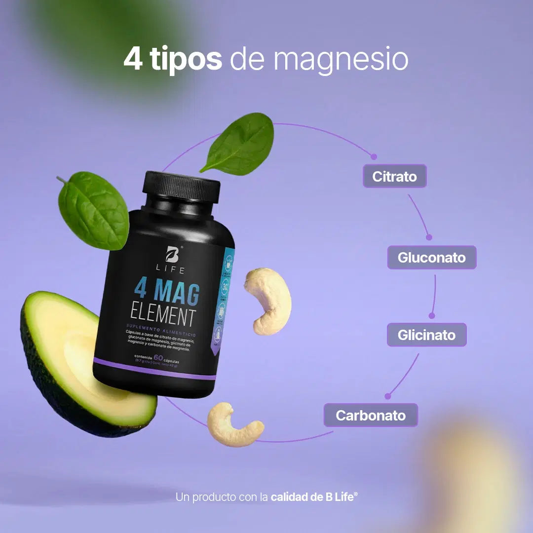 4 Mag Element B Life® – Fórmula Pura de 4 Magnesios: Citrato, Glicinato, Gluconato y Carbon (60 Cápsulas)