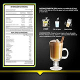 Tabla nutricional e instrucciones de proteína whey sabor café capuchino con vaso servido