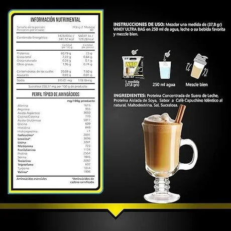 Tabla nutricional e instrucciones de proteína whey sabor café capuchino con vaso servido