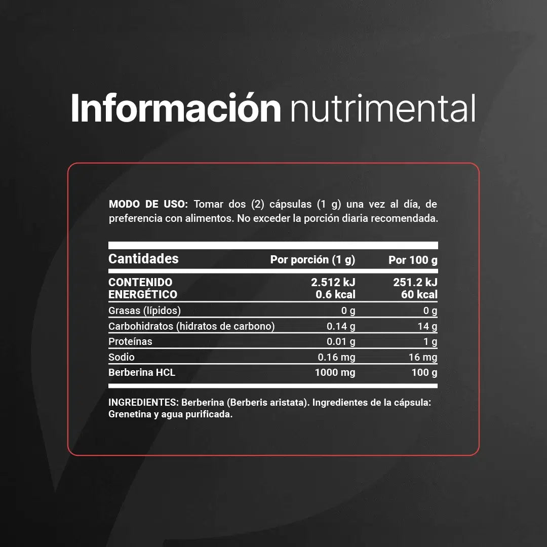Berberina HCL Pura 500 mg por cápsula | 1000 mg por porción