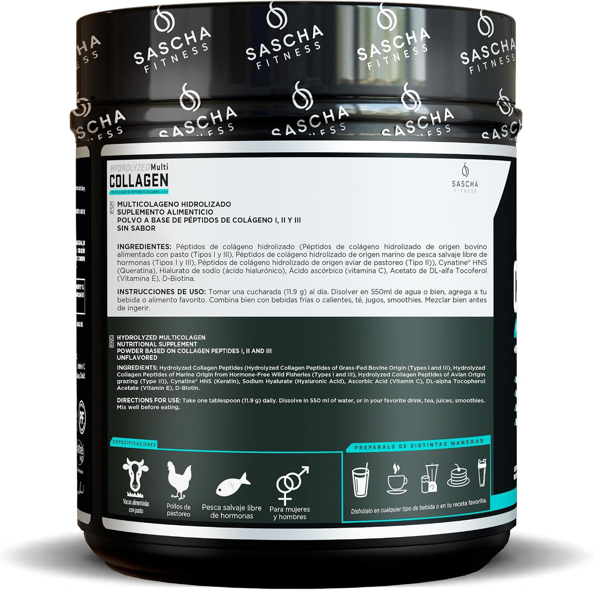 Sascha Fitness Multi Colágeno Hidrolizado | Ácido Hialurónico | Biotina | Cynatine HNS | Vitamina C & E