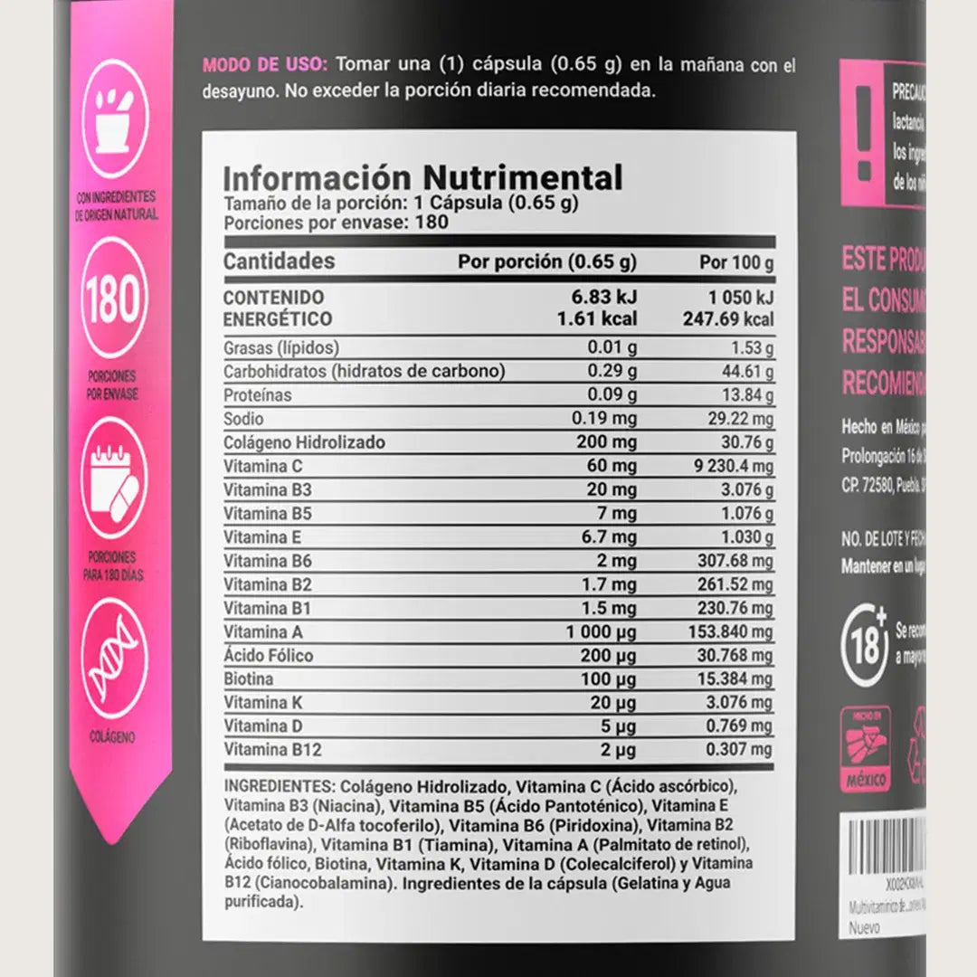 Multivitamínico para Mujer | Con Colágeno Hidrolizado, Biotina, Ácido Fólico y Vitaminas