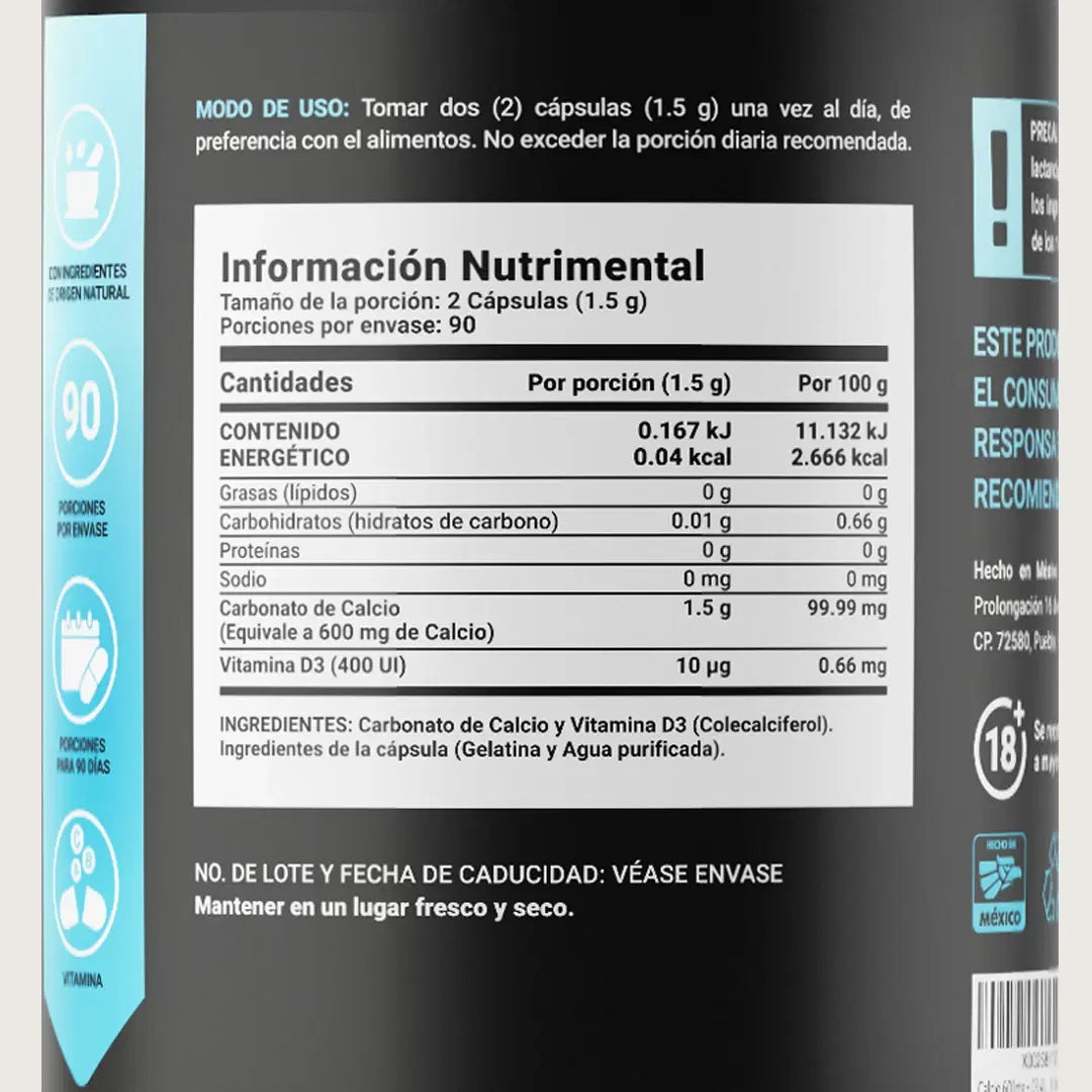 Calcio y Vitamina D3 B Life® – Salud Ósea con 1500 mg de Carbonato de Calcio (180 Cápsulas)