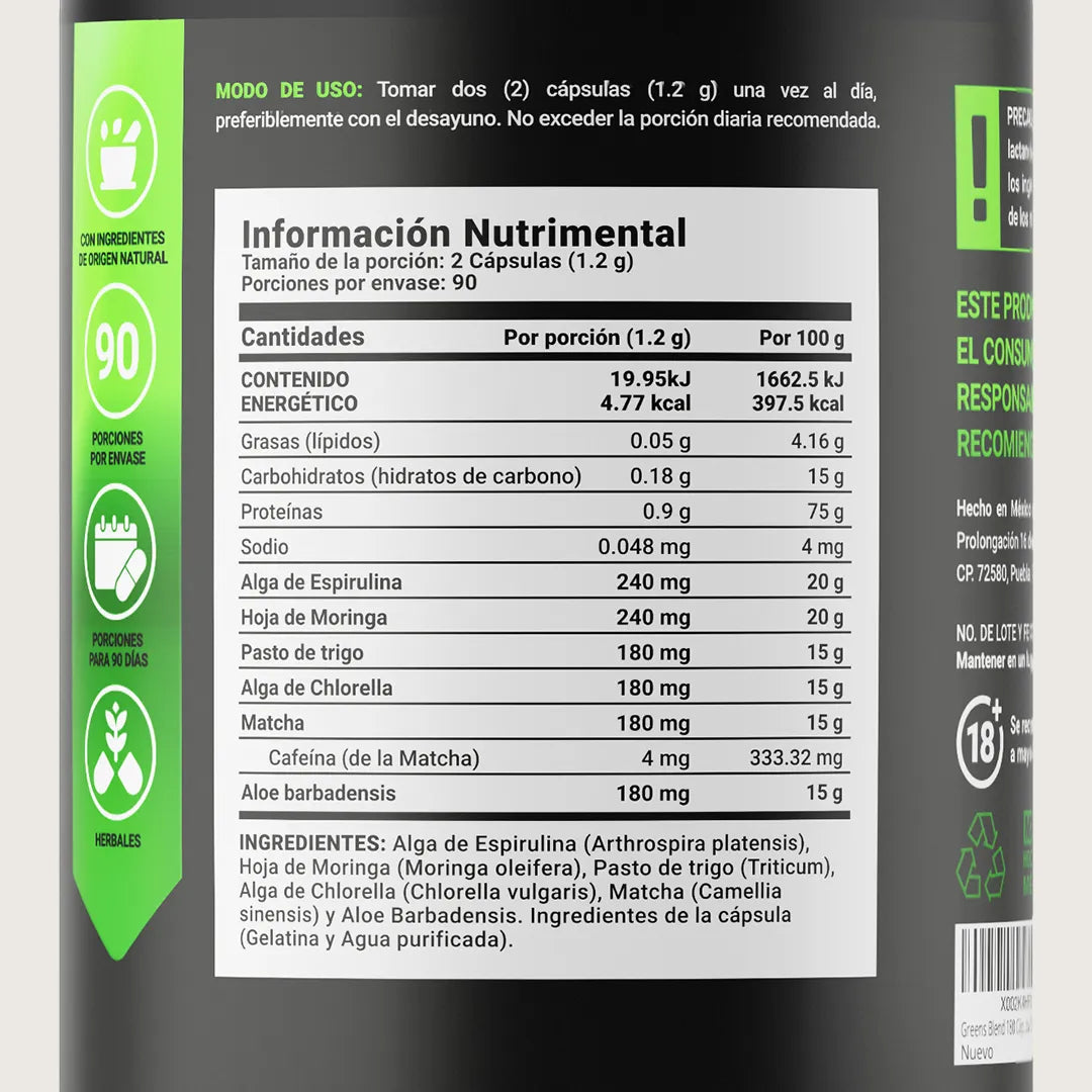 Greens Blend B Life – Superalimentos Verdes con Espirulina, Moringa, Chlorella y Matcha (180 Cápsulas)